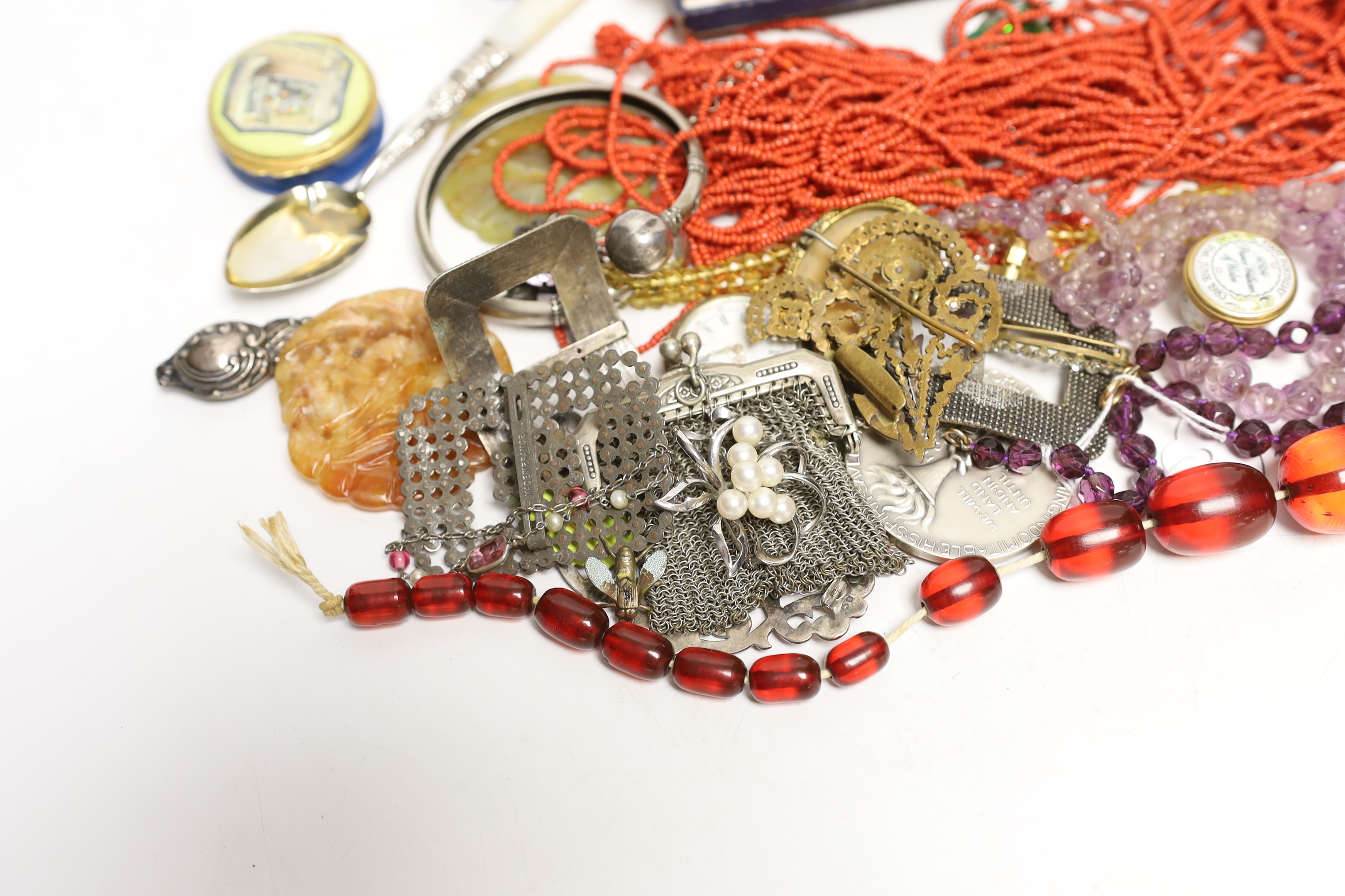 A group of assorted collectable, jewellery etc. including Bakelite bead necklace, Halcyon Days boxes, silver ingot pendant, silver belt buckle, cut steel buckle, rose quartz necklace, amethyst necklace, citrine necklace